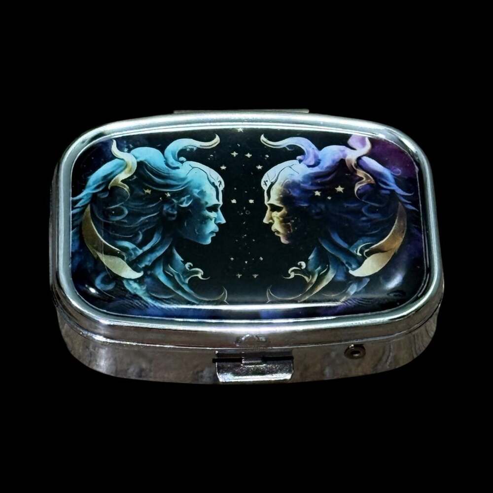 Cute Zodiac Gemini Twins Portable Rectangle Metal Pill Organizer Case